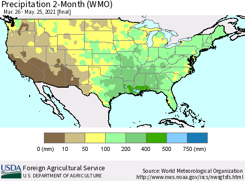 United States Precipitation 2-Month (WMO) Thematic Map For 3/26/2021 - 5/25/2021