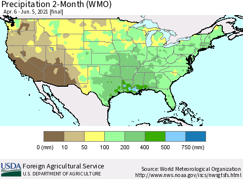 United States Precipitation 2-Month (WMO) Thematic Map For 4/6/2021 - 6/5/2021