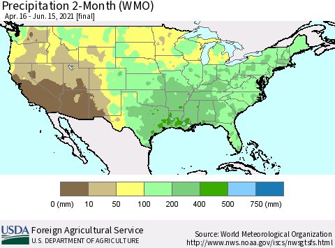 United States Precipitation 2-Month (WMO) Thematic Map For 4/16/2021 - 6/15/2021
