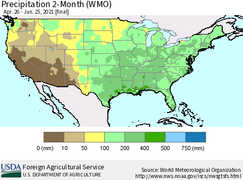 United States Precipitation 2-Month (WMO) Thematic Map For 4/26/2021 - 6/25/2021