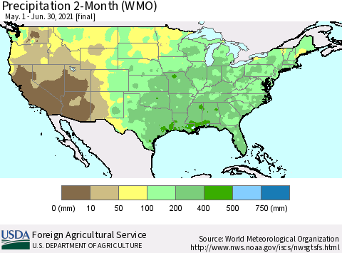 United States Precipitation 2-Month (WMO) Thematic Map For 5/1/2021 - 6/30/2021
