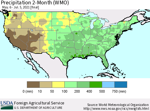 United States Precipitation 2-Month (WMO) Thematic Map For 5/6/2021 - 7/5/2021