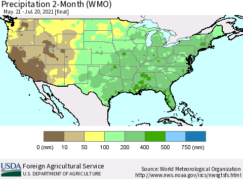 United States Precipitation 2-Month (WMO) Thematic Map For 5/21/2021 - 7/20/2021