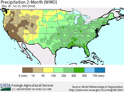 United States Precipitation 2-Month (WMO) Thematic Map For 5/26/2021 - 7/25/2021