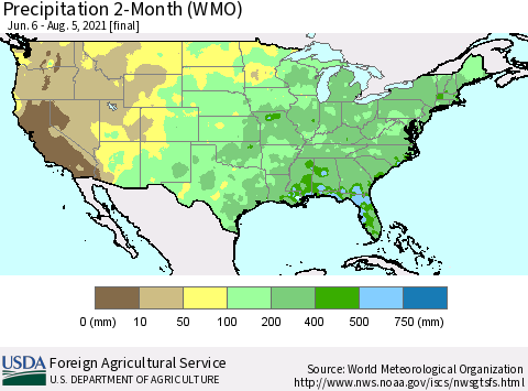 United States Precipitation 2-Month (WMO) Thematic Map For 6/6/2021 - 8/5/2021