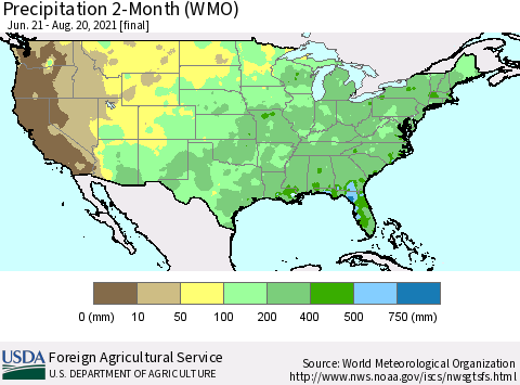 United States Precipitation 2-Month (WMO) Thematic Map For 6/21/2021 - 8/20/2021