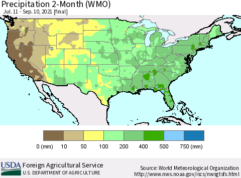 United States Precipitation 2-Month (WMO) Thematic Map For 7/11/2021 - 9/10/2021
