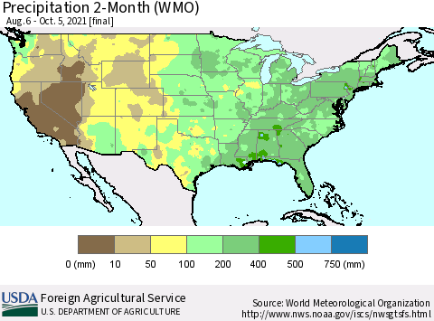 United States Precipitation 2-Month (WMO) Thematic Map For 8/6/2021 - 10/5/2021