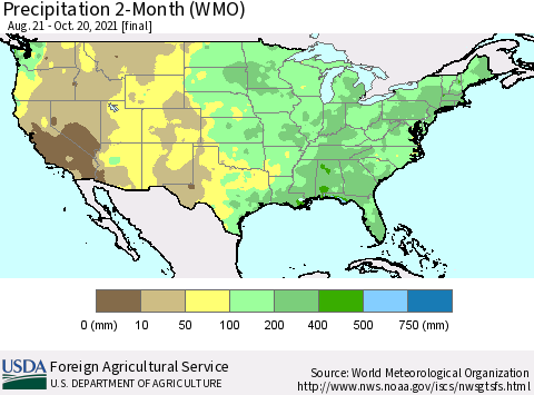 United States Precipitation 2-Month (WMO) Thematic Map For 8/21/2021 - 10/20/2021