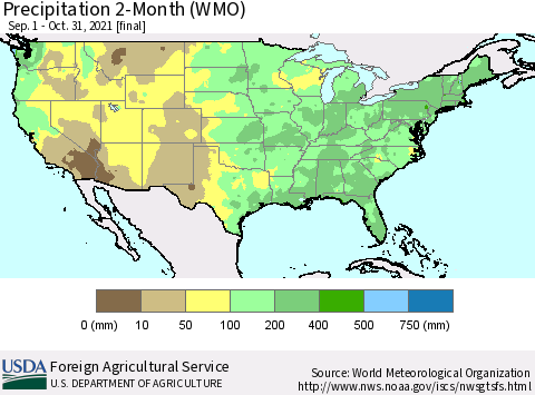 United States Precipitation 2-Month (WMO) Thematic Map For 9/1/2021 - 10/31/2021