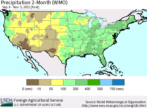 United States Precipitation 2-Month (WMO) Thematic Map For 9/6/2021 - 11/5/2021