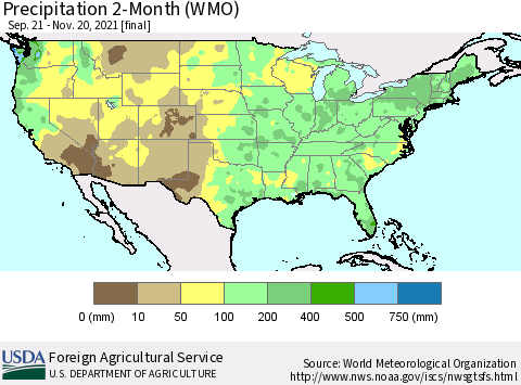 United States Precipitation 2-Month (WMO) Thematic Map For 9/21/2021 - 11/20/2021