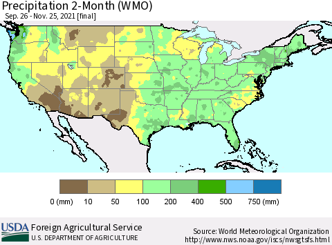 United States Precipitation 2-Month (WMO) Thematic Map For 9/26/2021 - 11/25/2021