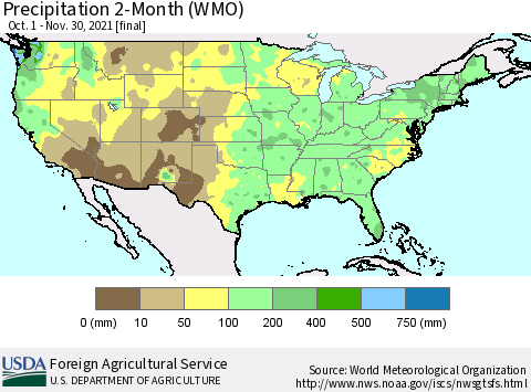 United States Precipitation 2-Month (WMO) Thematic Map For 10/1/2021 - 11/30/2021