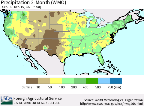 United States Precipitation 2-Month (WMO) Thematic Map For 10/16/2021 - 12/15/2021