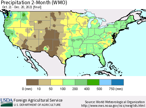 United States Precipitation 2-Month (WMO) Thematic Map For 10/21/2021 - 12/20/2021