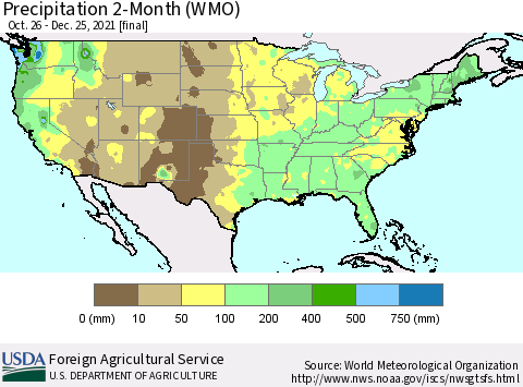 United States Precipitation 2-Month (WMO) Thematic Map For 10/26/2021 - 12/25/2021
