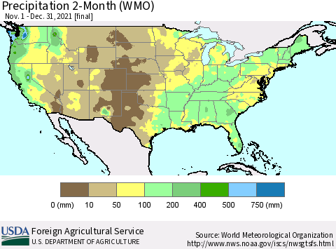 United States Precipitation 2-Month (WMO) Thematic Map For 11/1/2021 - 12/31/2021