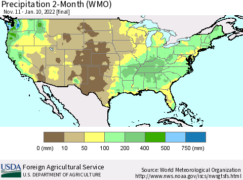 United States Precipitation 2-Month (WMO) Thematic Map For 11/11/2021 - 1/10/2022