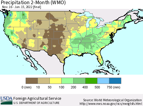 United States Precipitation 2-Month (WMO) Thematic Map For 11/16/2021 - 1/15/2022