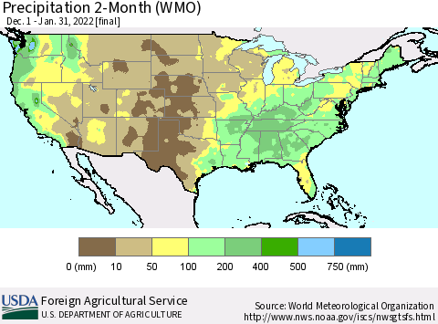 United States Precipitation 2-Month (WMO) Thematic Map For 12/1/2021 - 1/31/2022