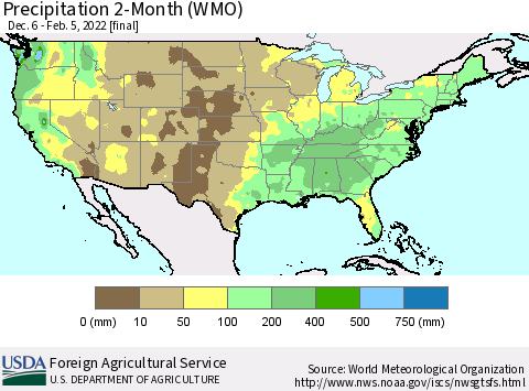 United States Precipitation 2-Month (WMO) Thematic Map For 12/6/2021 - 2/5/2022