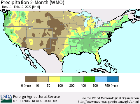 United States Precipitation 2-Month (WMO) Thematic Map For 12/11/2021 - 2/10/2022