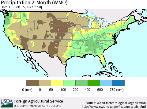 United States Precipitation 2-Month (WMO) Thematic Map For 12/16/2021 - 2/15/2022