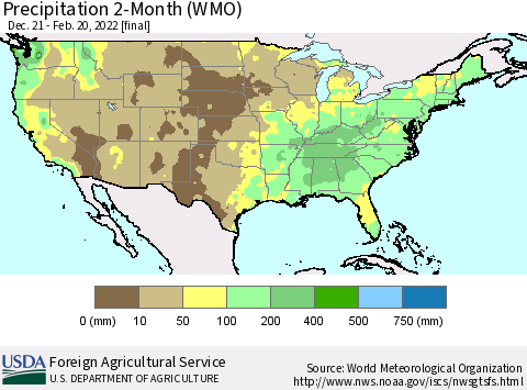 United States Precipitation 2-Month (WMO) Thematic Map For 12/21/2021 - 2/20/2022