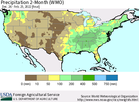 United States Precipitation 2-Month (WMO) Thematic Map For 12/26/2021 - 2/25/2022