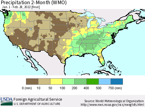 United States Precipitation 2-Month (WMO) Thematic Map For 1/1/2022 - 2/28/2022