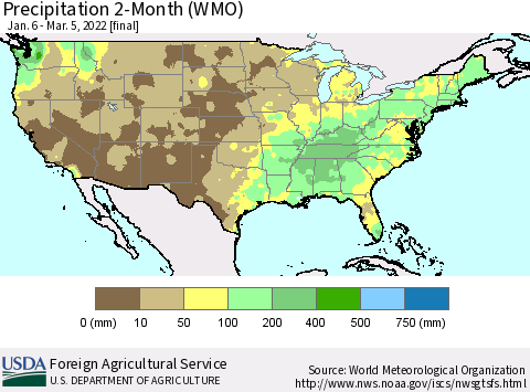 United States Precipitation 2-Month (WMO) Thematic Map For 1/6/2022 - 3/5/2022