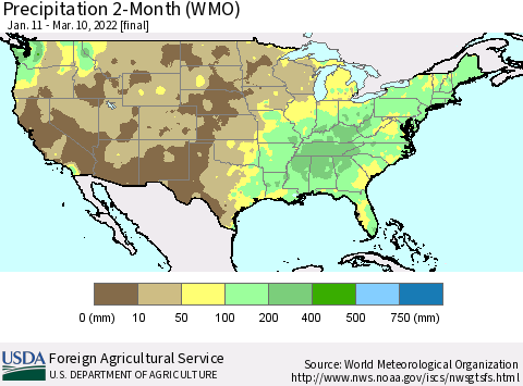 United States Precipitation 2-Month (WMO) Thematic Map For 1/11/2022 - 3/10/2022