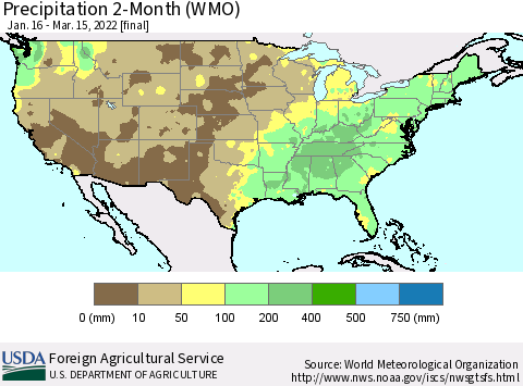 United States Precipitation 2-Month (WMO) Thematic Map For 1/16/2022 - 3/15/2022