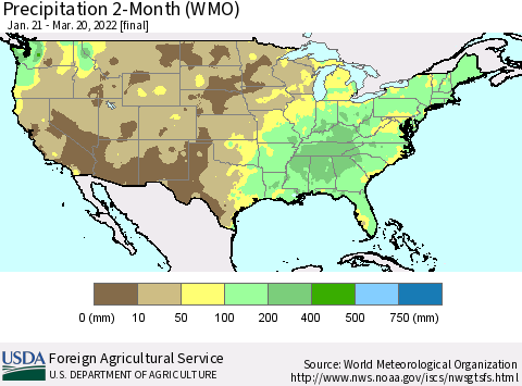 United States Precipitation 2-Month (WMO) Thematic Map For 1/21/2022 - 3/20/2022