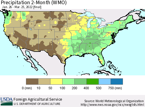 United States Precipitation 2-Month (WMO) Thematic Map For 1/26/2022 - 3/25/2022