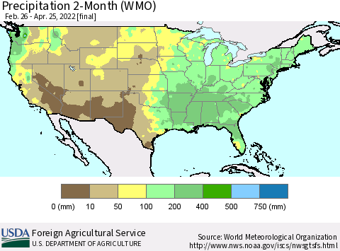 United States Precipitation 2-Month (WMO) Thematic Map For 2/26/2022 - 4/25/2022