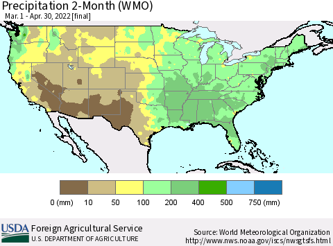 United States Precipitation 2-Month (WMO) Thematic Map For 3/1/2022 - 4/30/2022