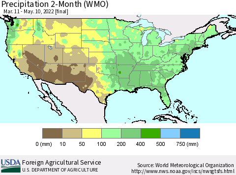 United States Precipitation 2-Month (WMO) Thematic Map For 3/11/2022 - 5/10/2022