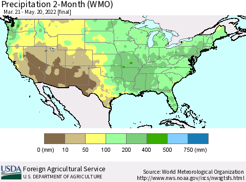 United States Precipitation 2-Month (WMO) Thematic Map For 3/21/2022 - 5/20/2022