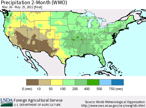 United States Precipitation 2-Month (WMO) Thematic Map For 3/26/2022 - 5/25/2022