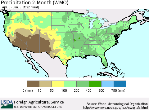 United States Precipitation 2-Month (WMO) Thematic Map For 4/6/2022 - 6/5/2022