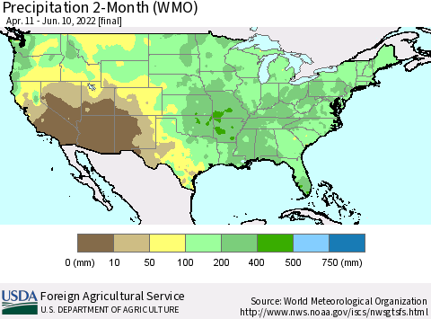 United States Precipitation 2-Month (WMO) Thematic Map For 4/11/2022 - 6/10/2022