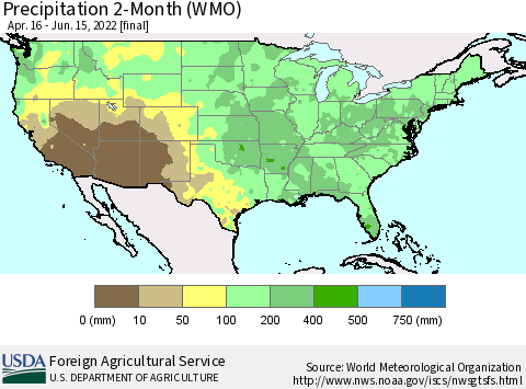 United States Precipitation 2-Month (WMO) Thematic Map For 4/16/2022 - 6/15/2022