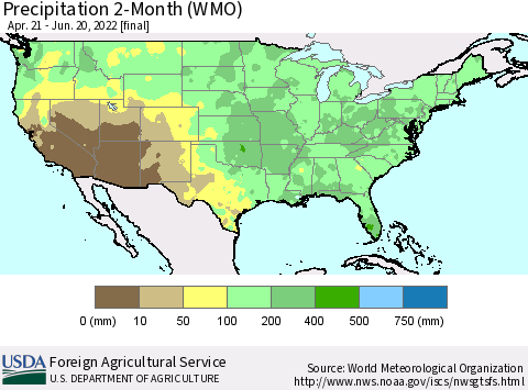 United States Precipitation 2-Month (WMO) Thematic Map For 4/21/2022 - 6/20/2022