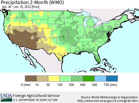 United States Precipitation 2-Month (WMO) Thematic Map For 4/26/2022 - 6/25/2022