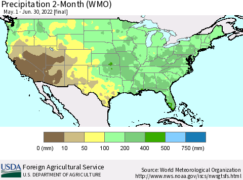 United States Precipitation 2-Month (WMO) Thematic Map For 5/1/2022 - 6/30/2022