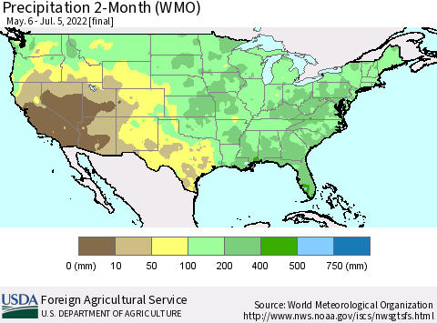 United States Precipitation 2-Month (WMO) Thematic Map For 5/6/2022 - 7/5/2022