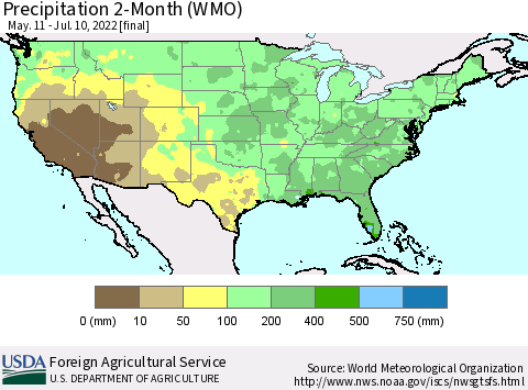 United States Precipitation 2-Month (WMO) Thematic Map For 5/11/2022 - 7/10/2022