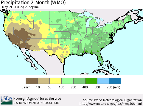 United States Precipitation 2-Month (WMO) Thematic Map For 5/21/2022 - 7/20/2022